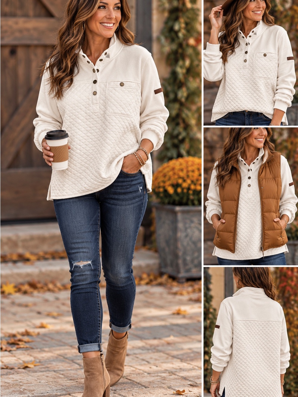 L.L. Bean Quilted Henley Pullover Sweater - Cream with Brown Trim
